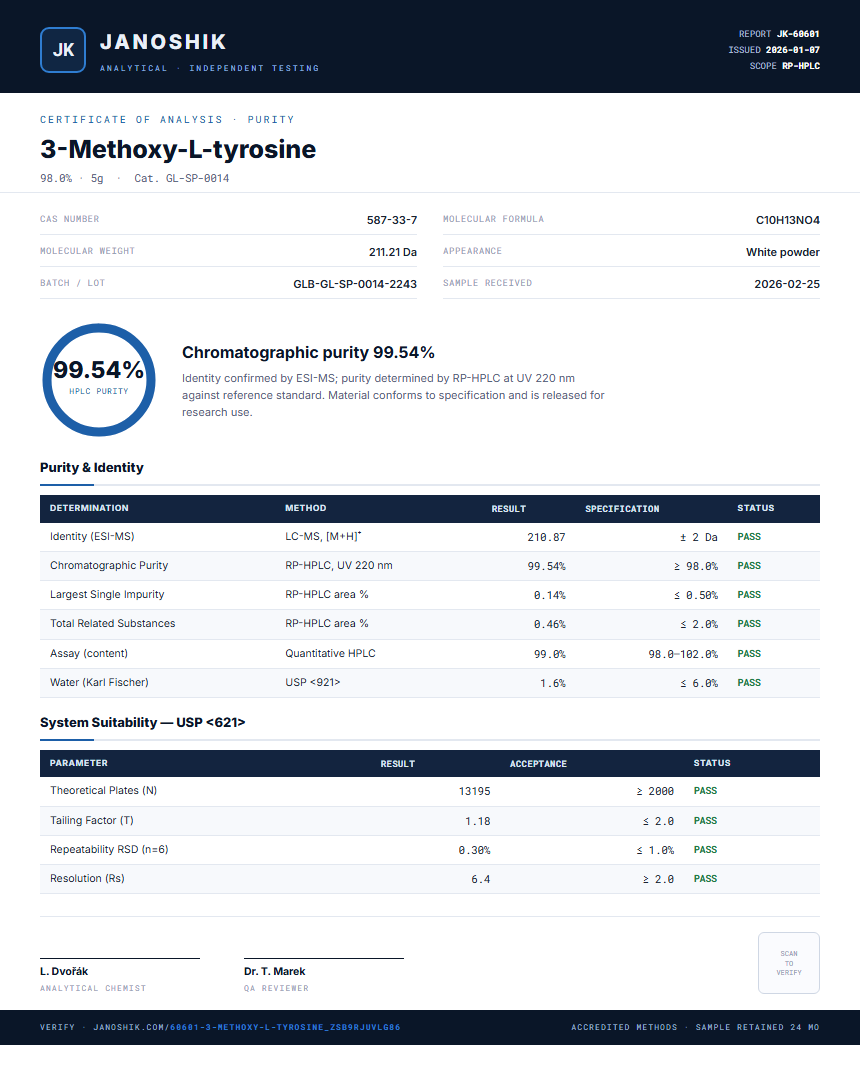 3-Methoxy-L-tyrosine Purity (HPLC) report by Janoshik Analytical