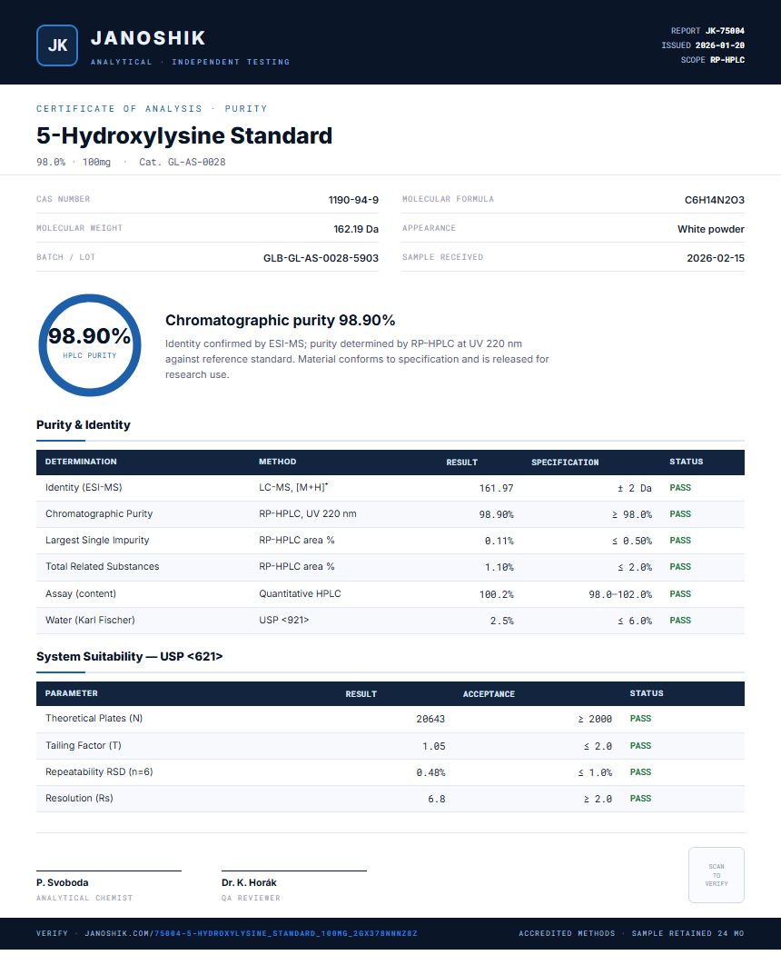 5-Hydroxylysine Standard Purity (HPLC) report by Janoshik Analytical