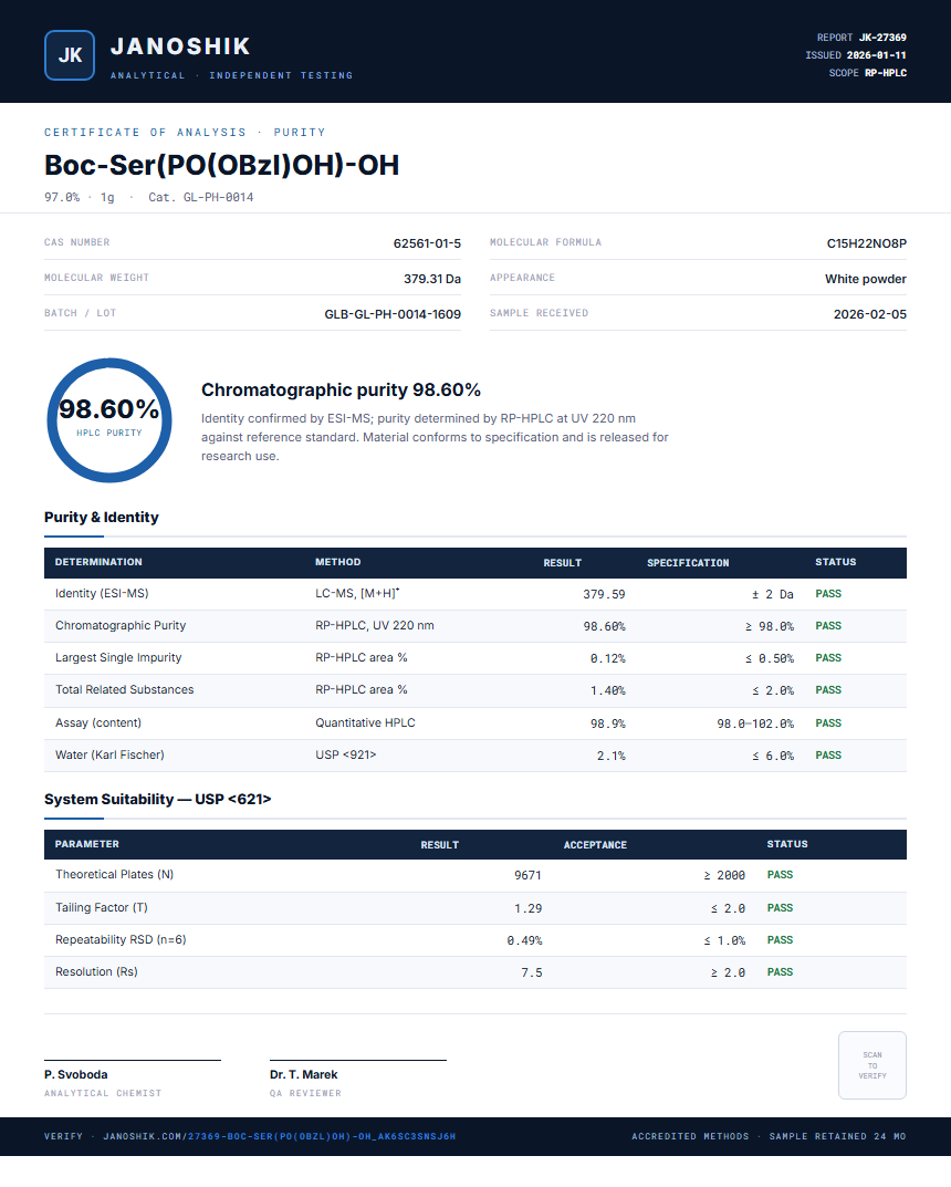 Boc-Ser(PO(OBzl)OH)-OH Purity (HPLC) report by Janoshik Analytical