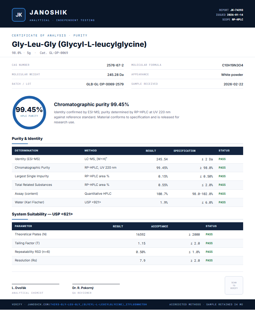 Gly-Leu-Gly (Glycyl-L-leucylglycine) Purity (HPLC) report by Janoshik Analytical