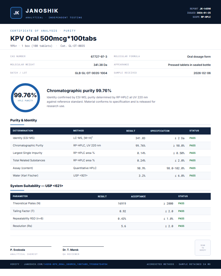 KPV Oral 500mcg*100tabs Purity (HPLC) report by Janoshik Analytical