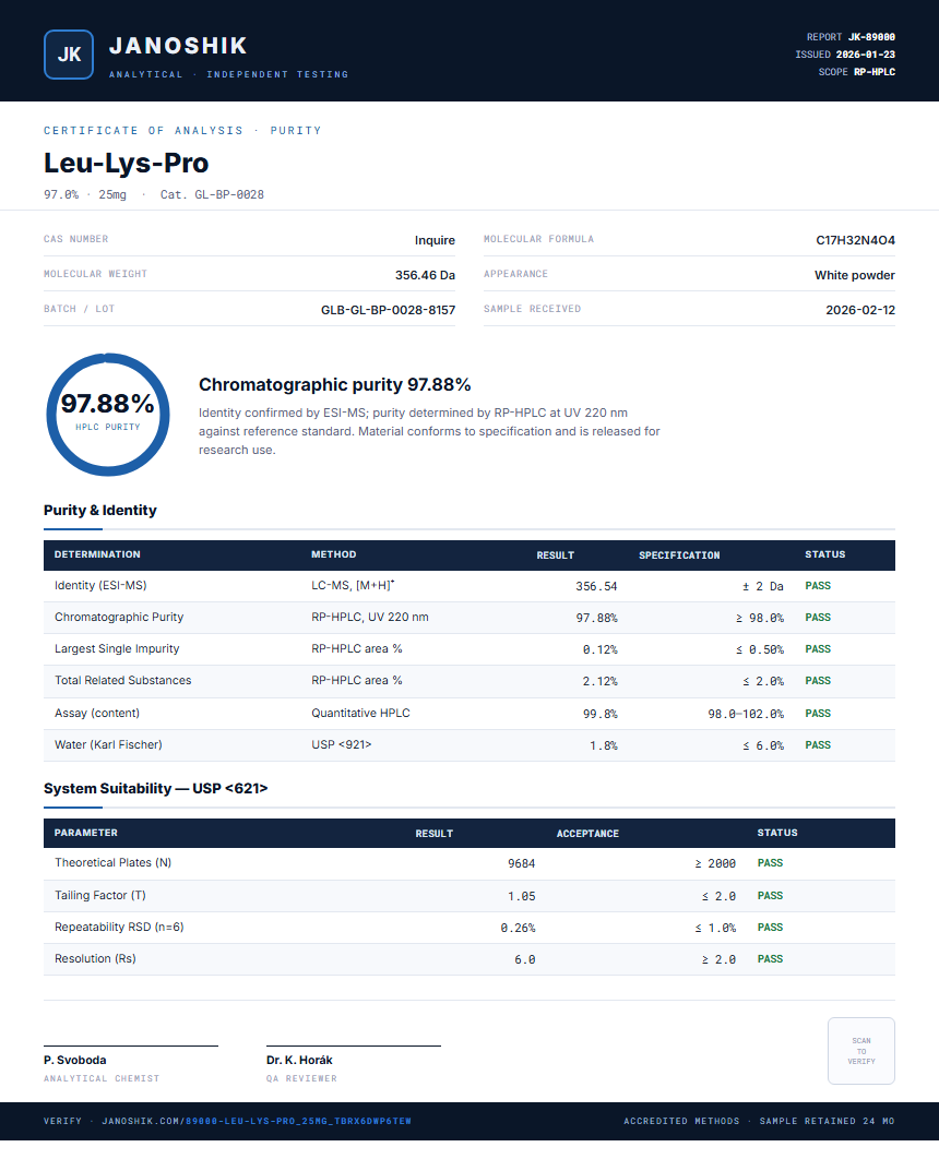 Leu-Lys-Pro Purity (HPLC) report by Janoshik Analytical