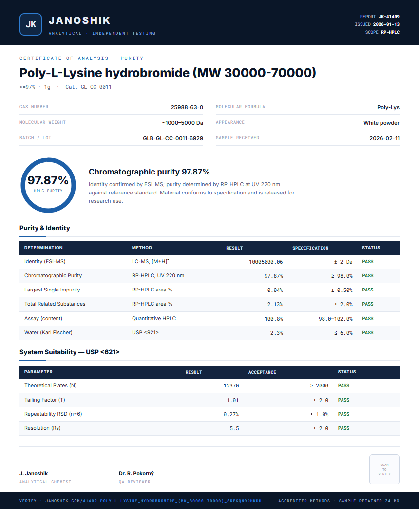 Poly-L-Lysine hydrobromide (MW 30000-70000) Purity (HPLC) report by Janoshik Analytical