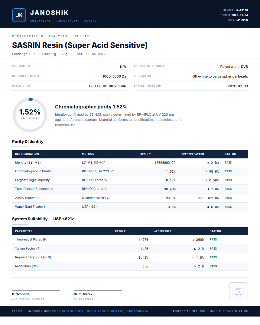 SASRIN Resin (Super Acid Sensitive) Purity (HPLC) report by Janoshik Analytical