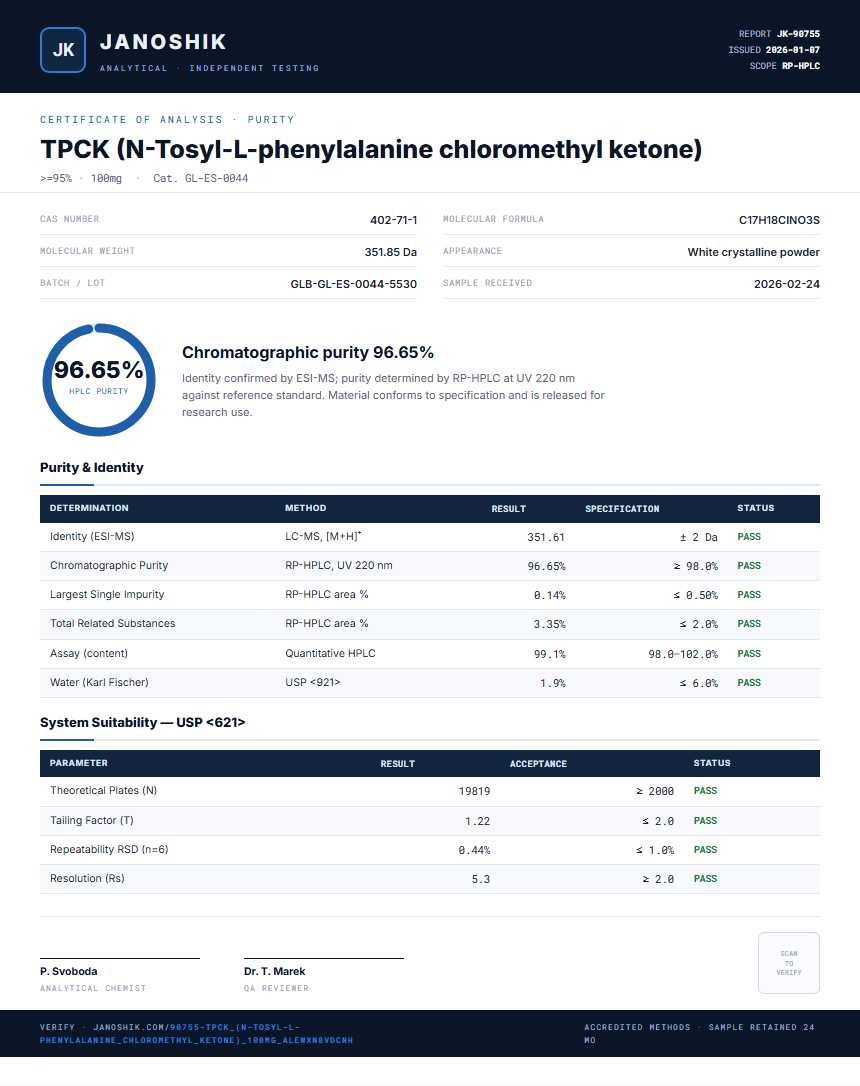 TPCK (N-Tosyl-L-phenylalanine chloromethyl ketone) Purity (HPLC) report by Janoshik Analytical