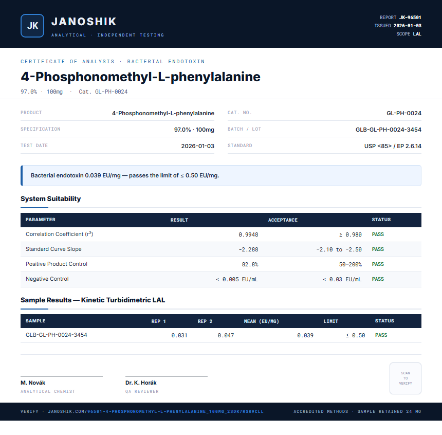 4-Phosphonomethyl-L-phenylalanine Endotoxin report by Janoshik Analytical