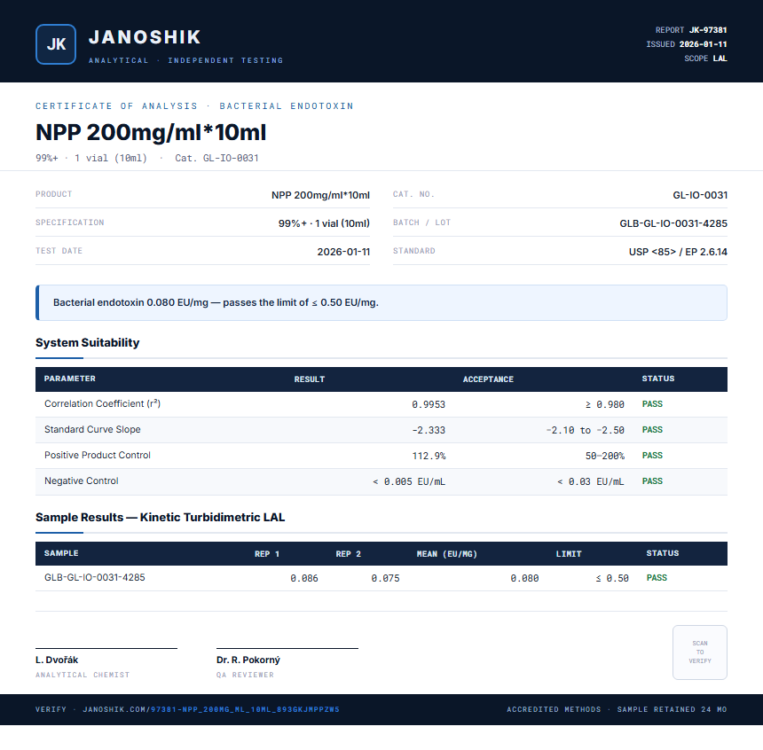 NPP 200mg/ml*10ml Endotoxin report by Janoshik Analytical