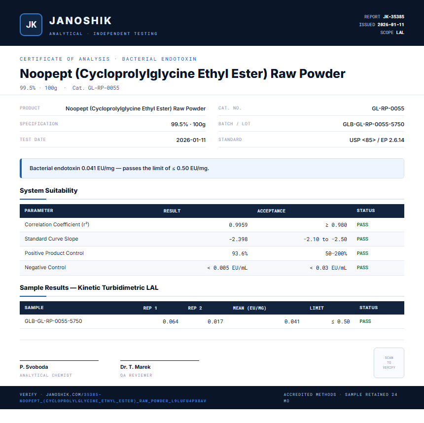 Noopept (Cycloprolylglycine Ethyl Ester) Raw Powder Endotoxin report by Janoshik Analytical