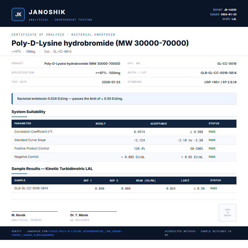 Poly-D-Lysine hydrobromide (MW 30000-70000) Endotoxin report by Janoshik Analytical