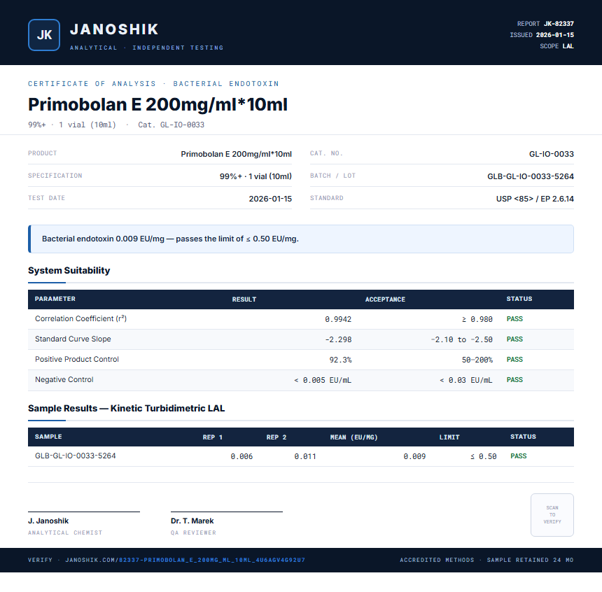 Primobolan E 200mg/ml*10ml Endotoxin report by Janoshik Analytical