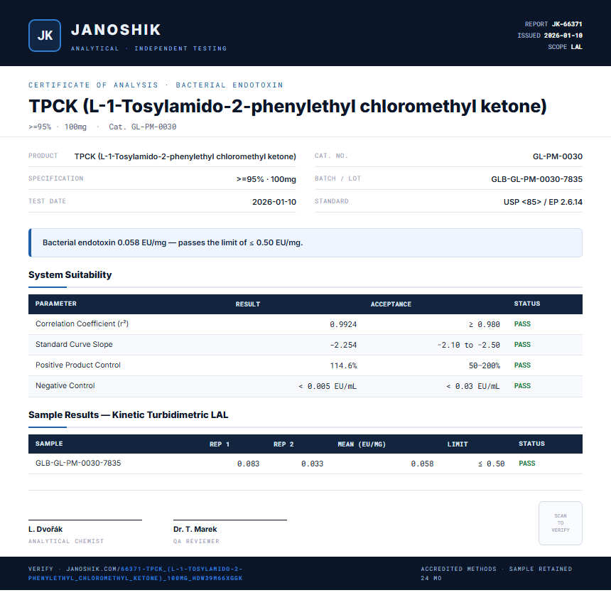 TPCK (L-1-Tosylamido-2-phenylethyl chloromethyl ketone) Endotoxin report by Janoshik Analytical