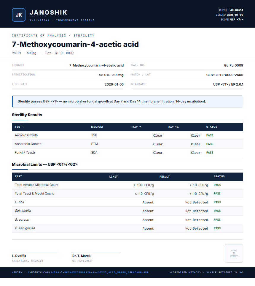 7-Methoxycoumarin-4-acetic acid Sterility report by Janoshik Analytical