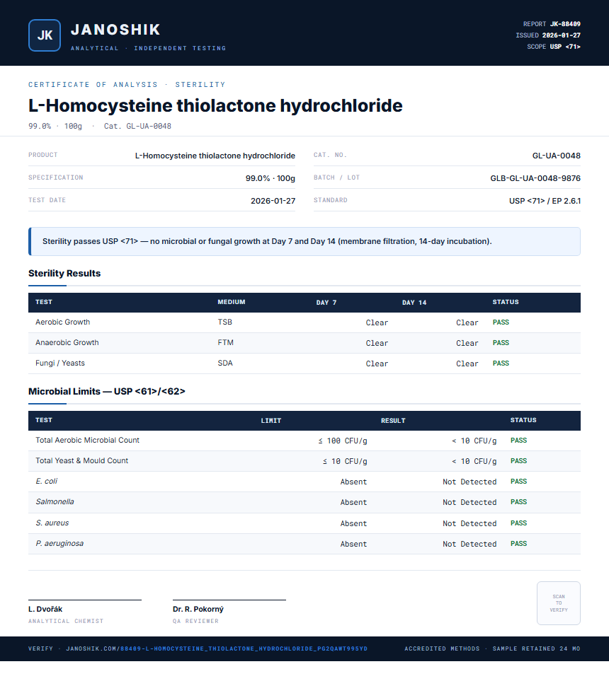 L-Homocysteine thiolactone hydrochloride Sterility report by Janoshik Analytical