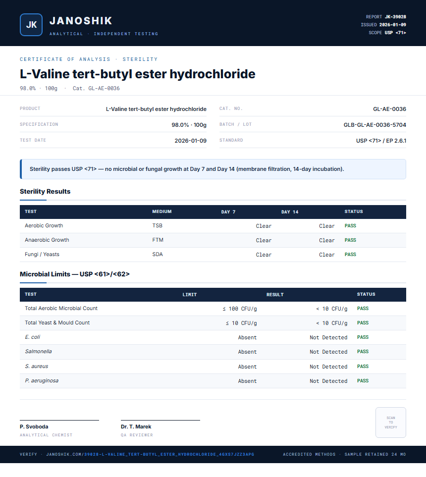 L-Valine tert-butyl ester hydrochloride Sterility report by Janoshik Analytical