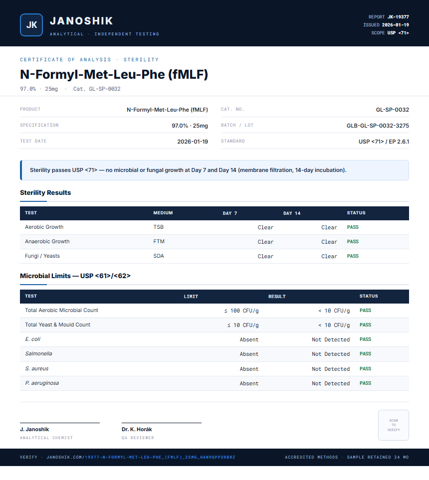 N-Formyl-Met-Leu-Phe (fMLF) Sterility report by Janoshik Analytical