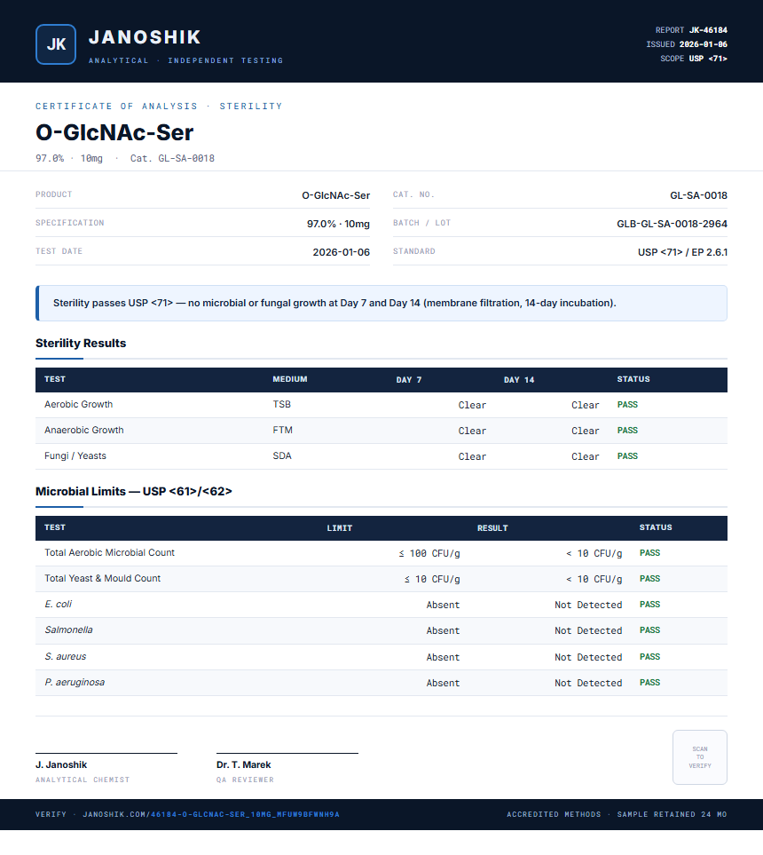 O-GlcNAc-Ser Sterility report by Janoshik Analytical
