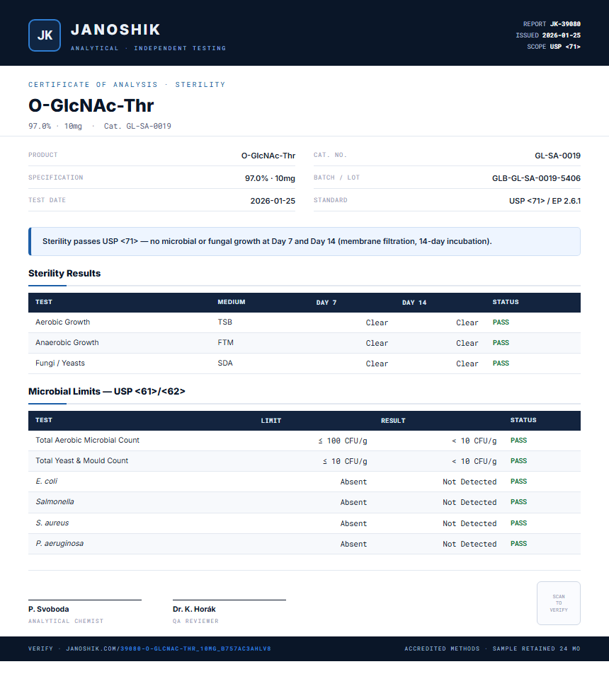O-GlcNAc-Thr Sterility report by Janoshik Analytical