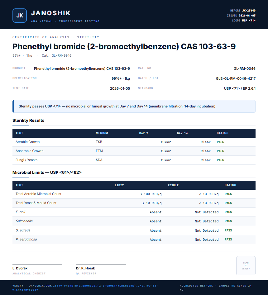 Phenethyl bromide (2-bromoethylbenzene) CAS 103-63-9 Sterility report by Janoshik Analytical