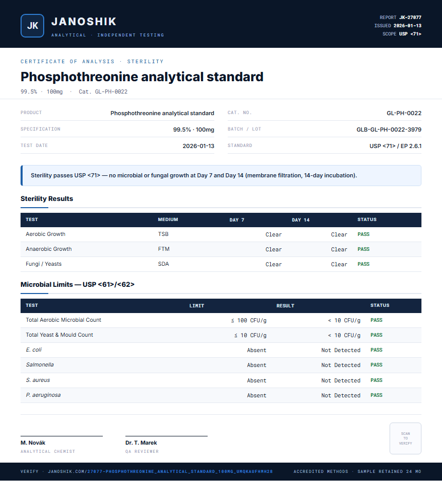Phosphothreonine analytical standard Sterility report by Janoshik Analytical