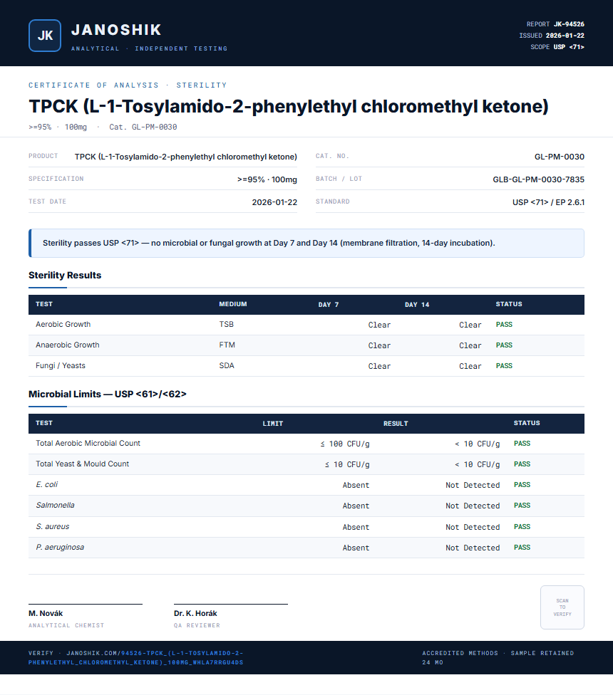 TPCK (L-1-Tosylamido-2-phenylethyl chloromethyl ketone) Sterility report by Janoshik Analytical