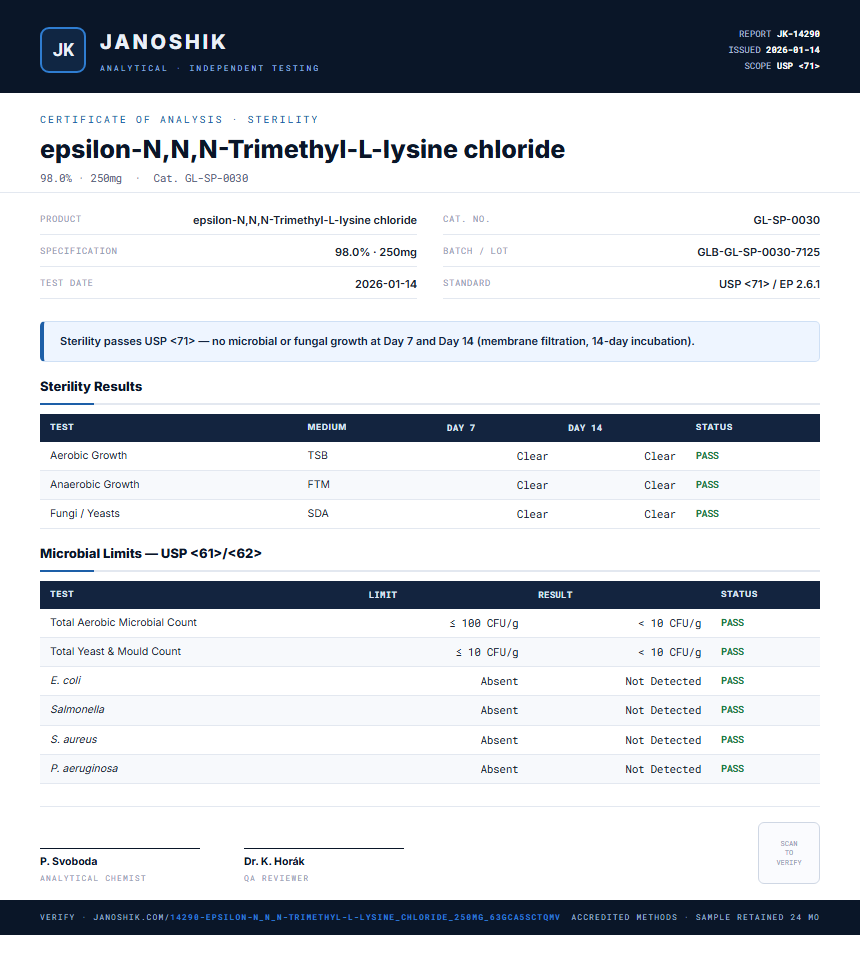 epsilon-N,N,N-Trimethyl-L-lysine chloride Sterility report by Janoshik Analytical