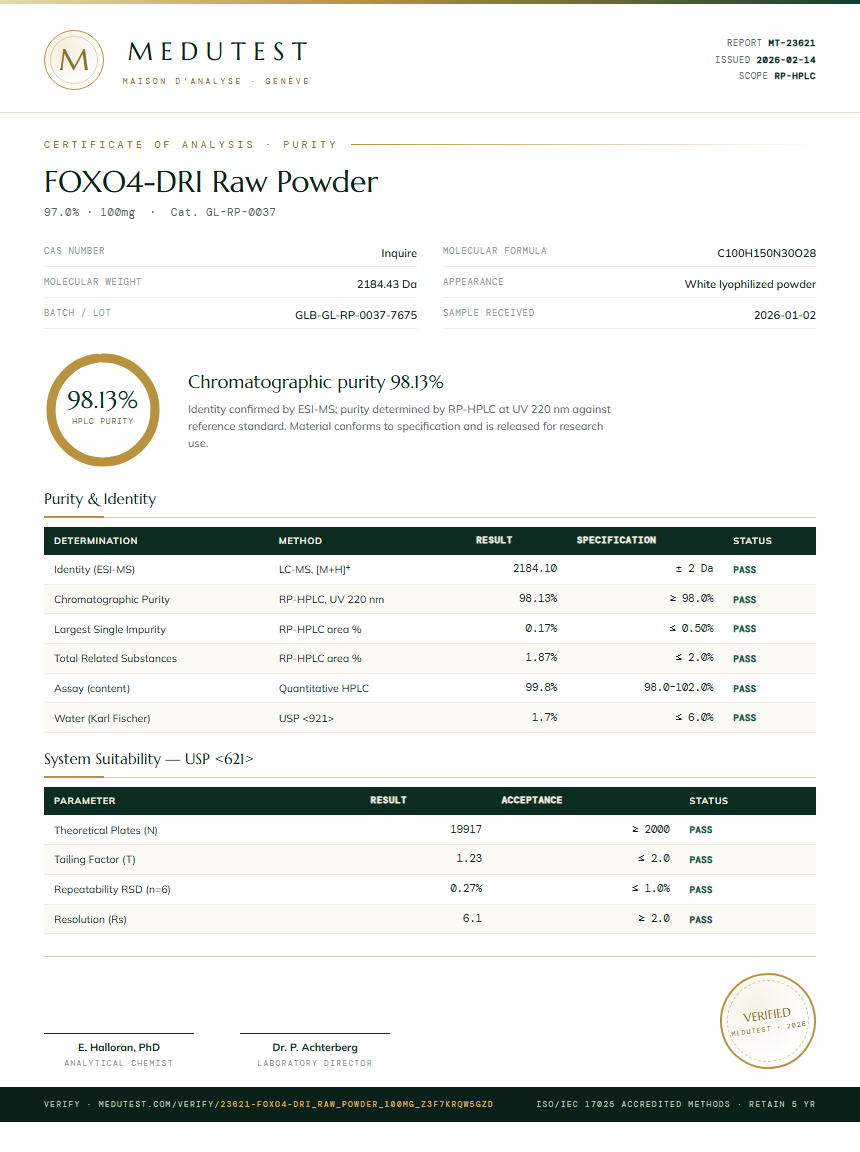 FOXO4-DRI Raw Powder Purity (HPLC) report by Medutest