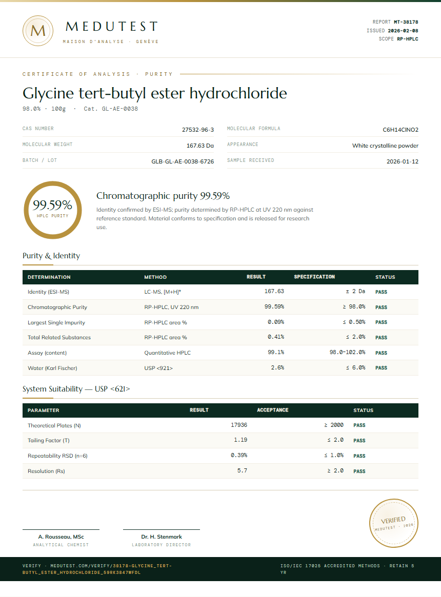 Glycine tert-butyl ester hydrochloride Purity (HPLC) report by Medutest