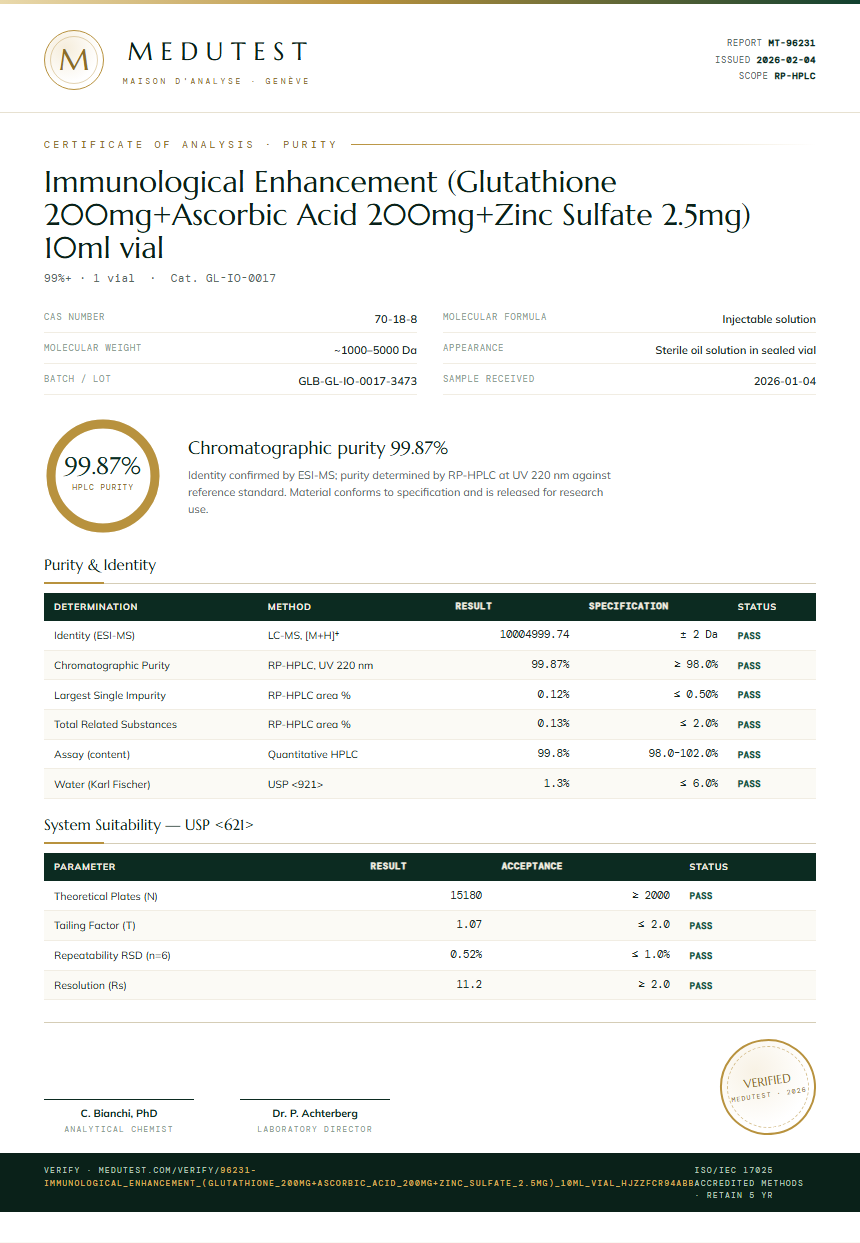Immunological Enhancement (Glutathione 200mg+Ascorbic Acid 200mg+Zinc Sulfate 2.5mg) 10ml vial Purity (HPLC) report by Medutest