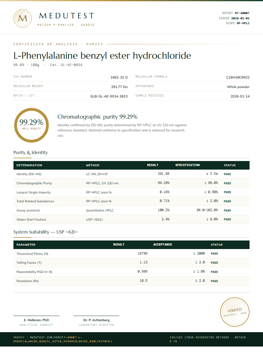 L-Phenylalanine benzyl ester hydrochloride Purity (HPLC) report by Medutest