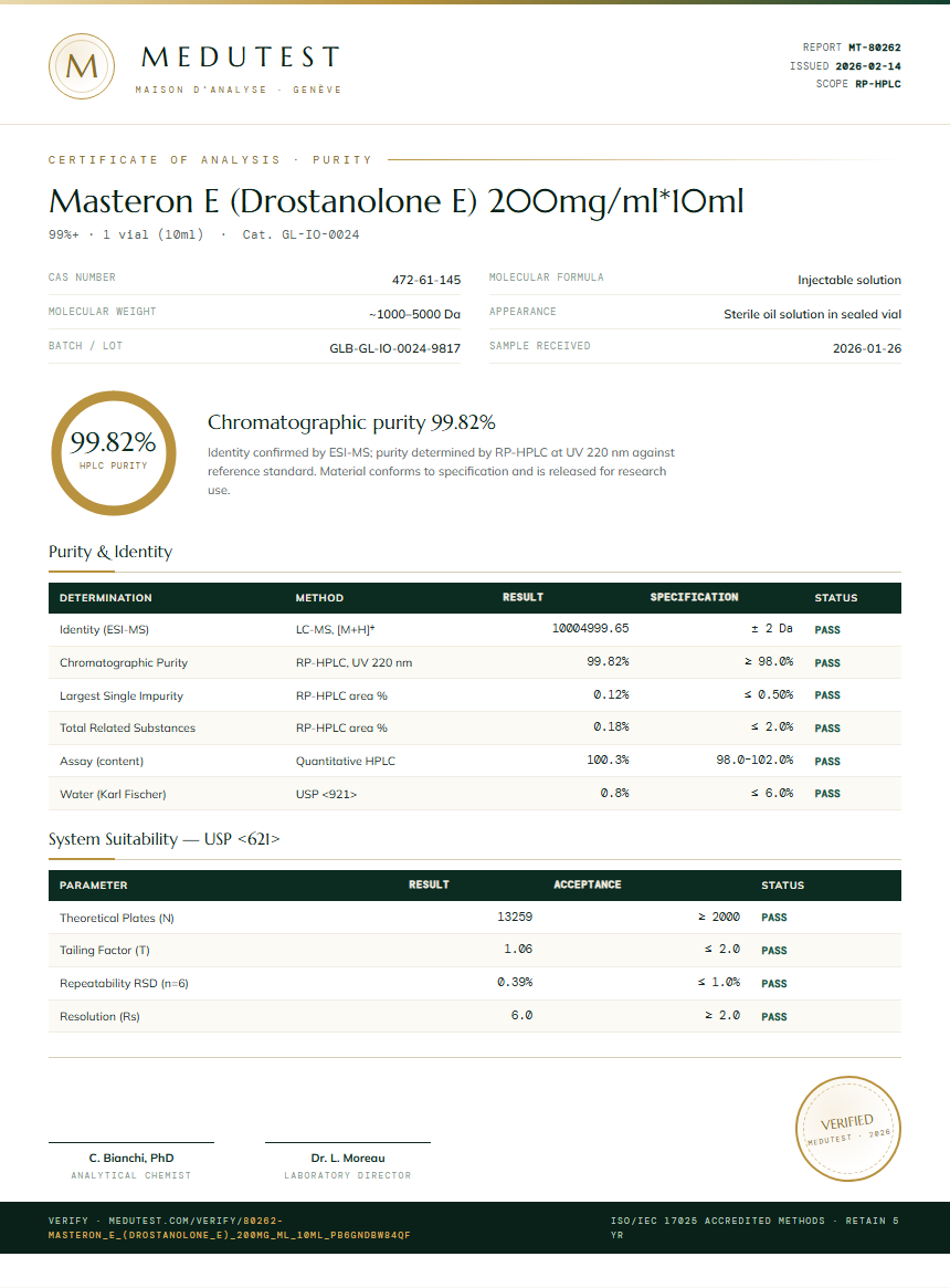 Masteron E (Drostanolone E) 200mg/ml*10ml Purity (HPLC) report by Medutest