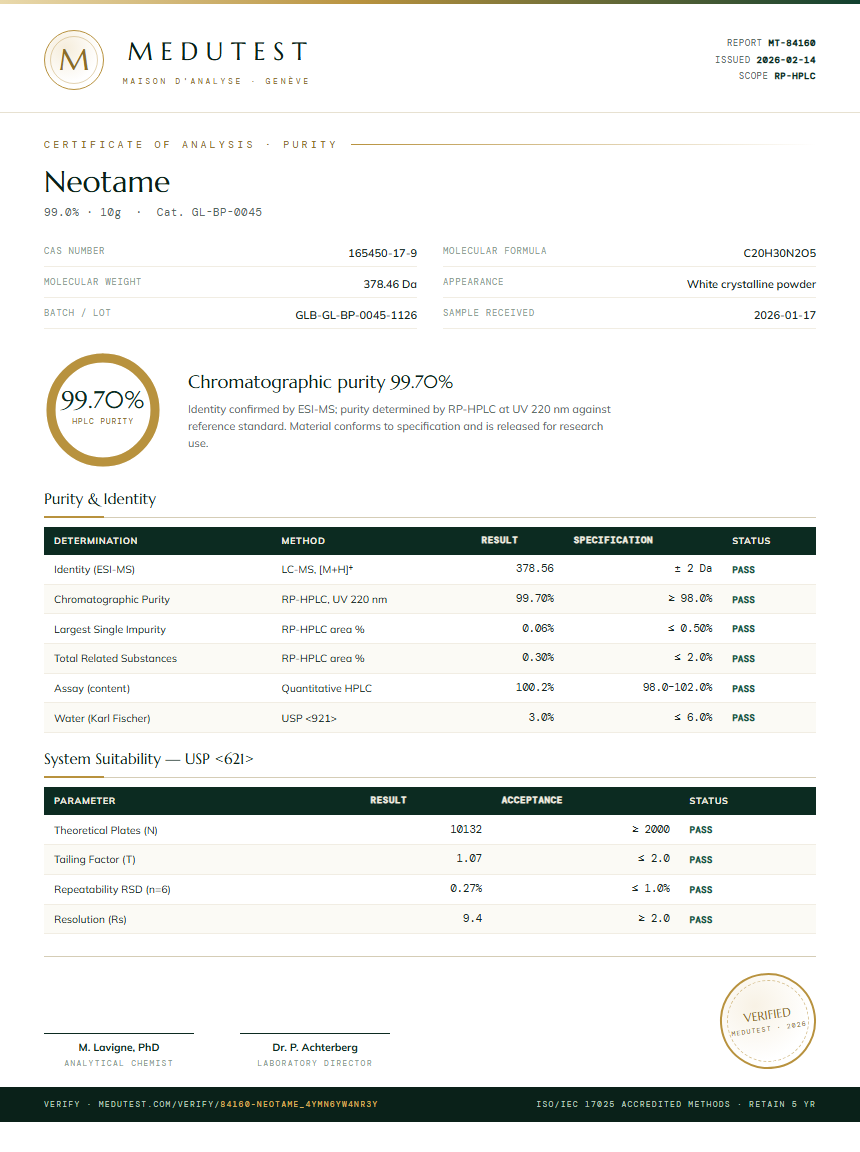 Neotame Purity (HPLC) report by Medutest