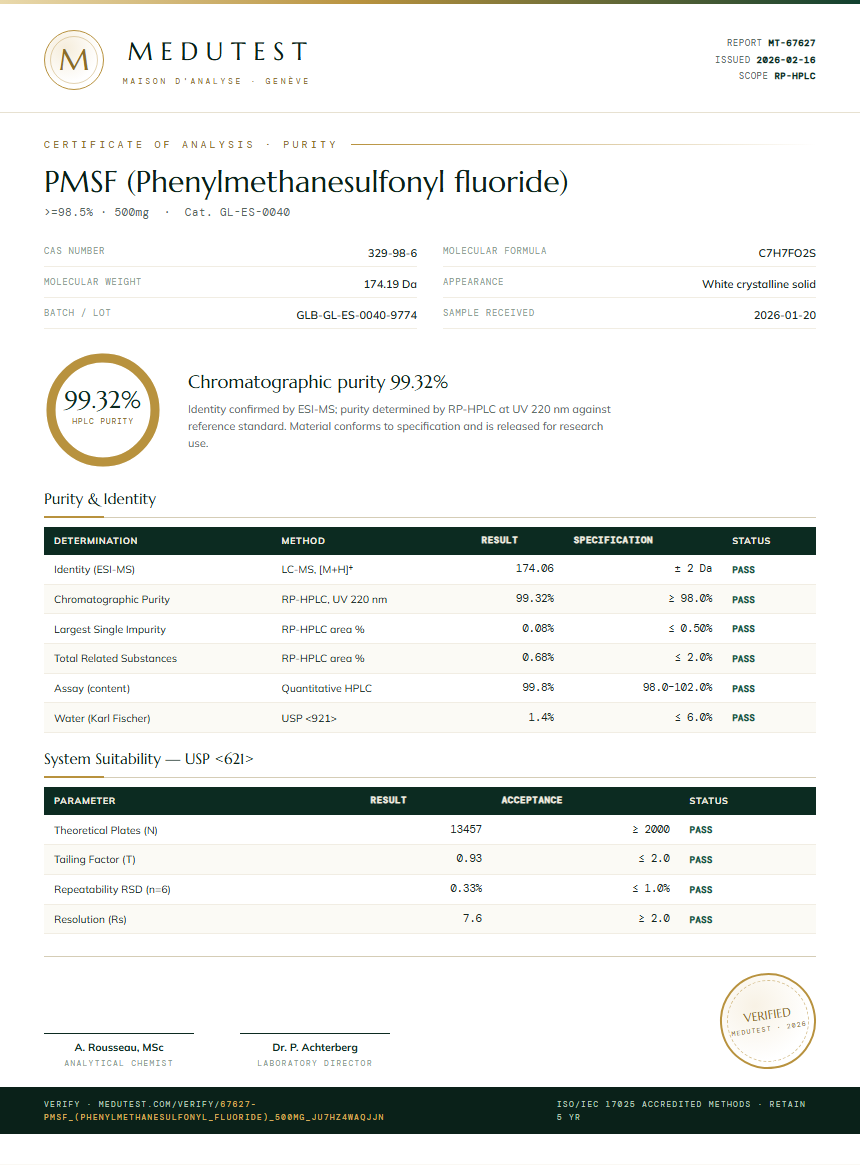 PMSF (Phenylmethanesulfonyl fluoride) Purity (HPLC) report by Medutest