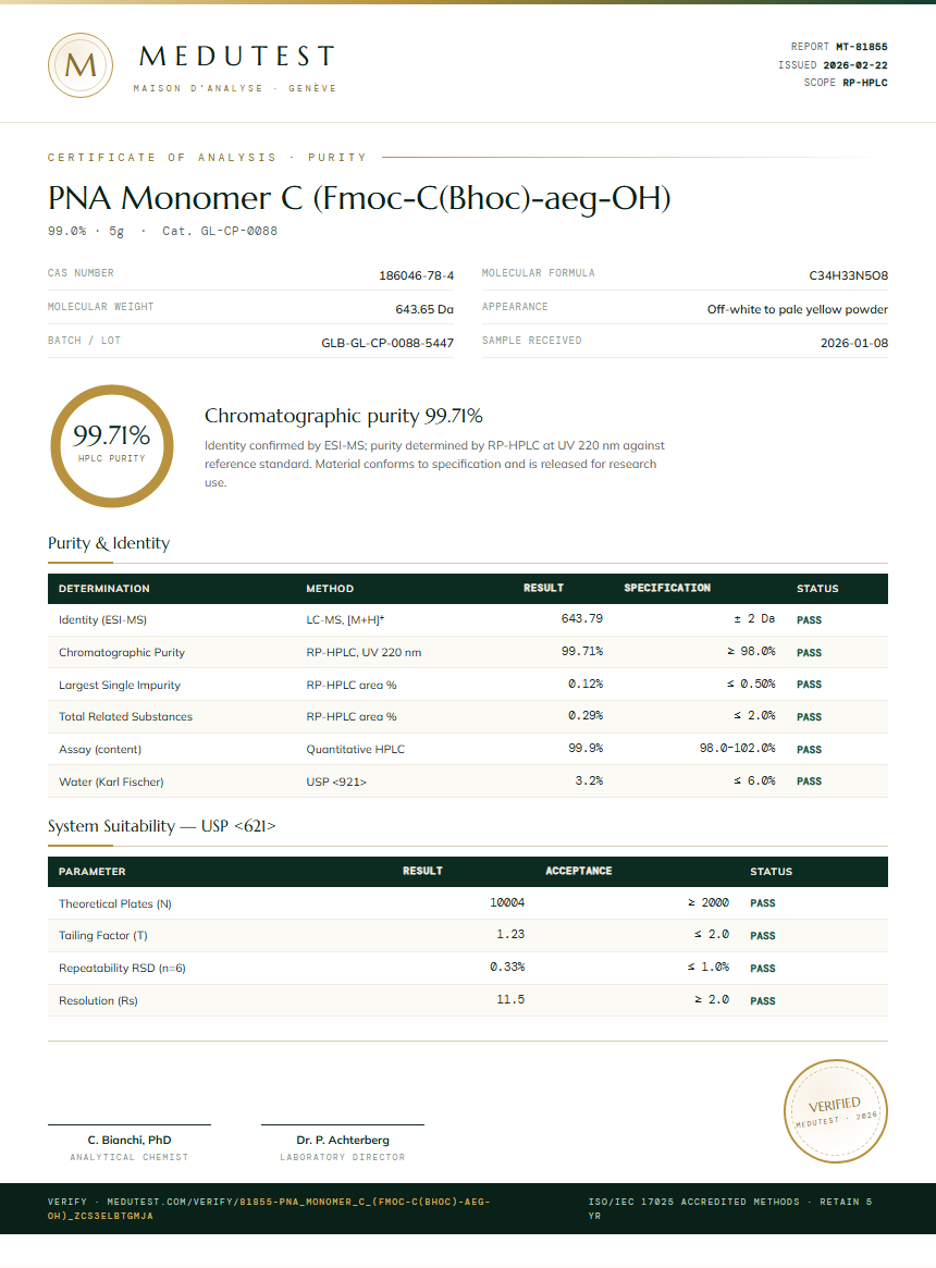 PNA Monomer C (Fmoc-C(Bhoc)-aeg-OH) Purity (HPLC) report by Medutest
