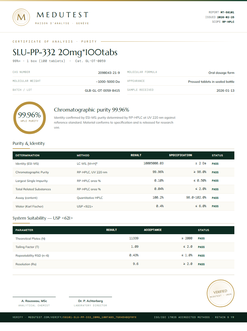 SLU-PP-332 20mg*100tabs Purity (HPLC) report by Medutest