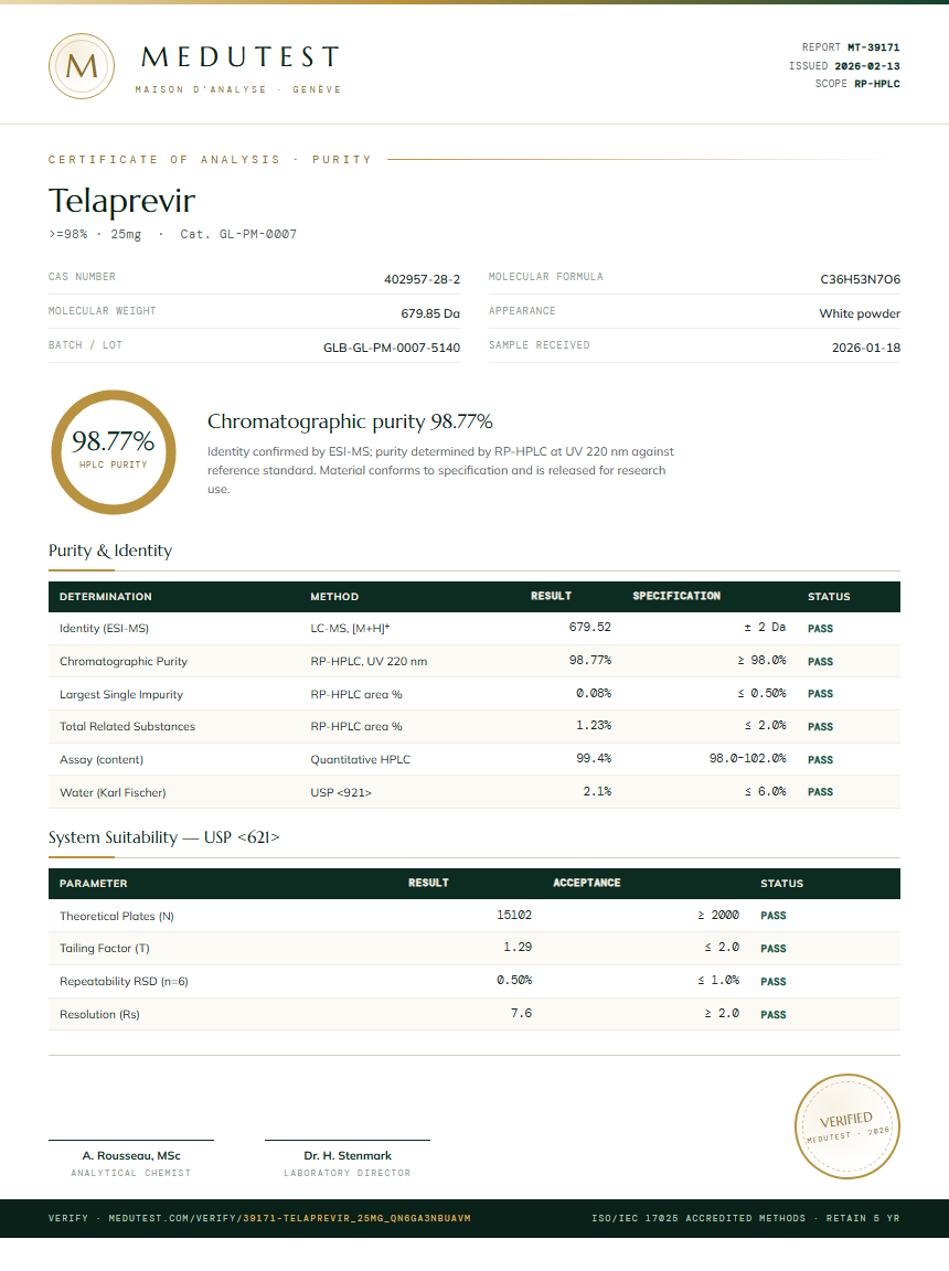 Telaprevir Purity (HPLC) report by Medutest
