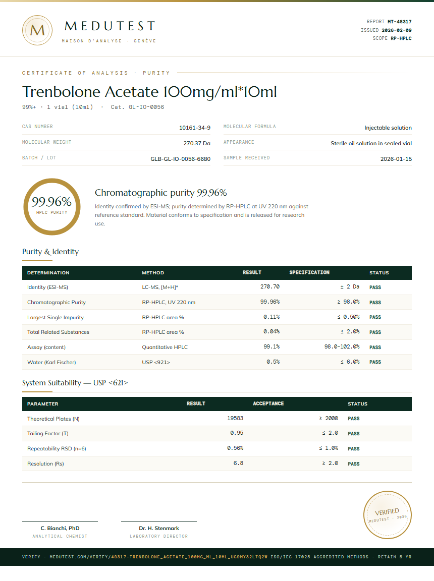 Trenbolone Acetate 100mg/ml*10ml Purity (HPLC) report by Medutest