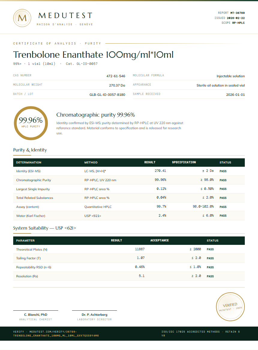 Trenbolone Enanthate 100mg/ml*10ml Purity (HPLC) report by Medutest