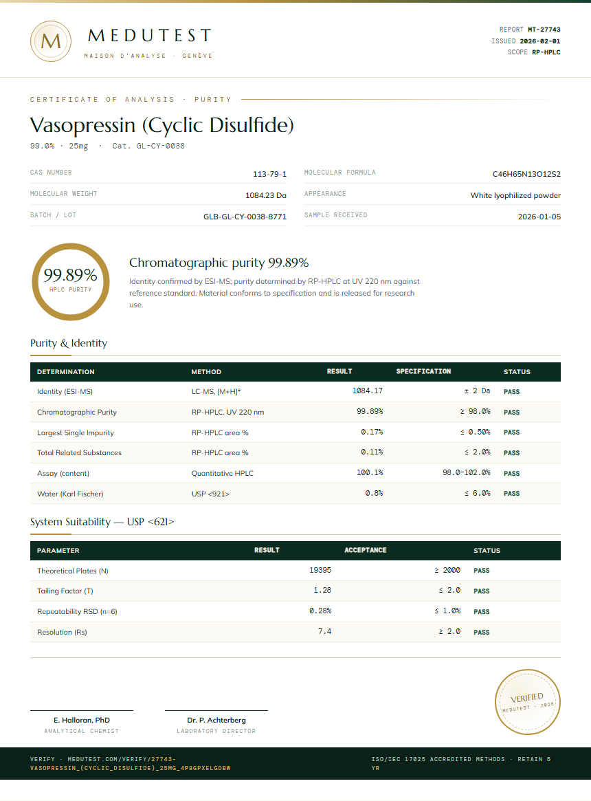 Vasopressin (Cyclic Disulfide) Purity (HPLC) report by Medutest