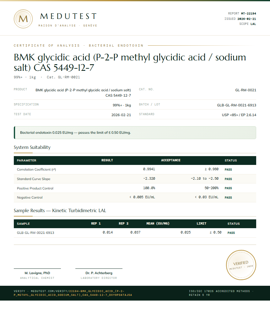 BMK glycidic acid (P-2-P methyl glycidic acid / sodium salt) CAS 5449-12-7 Endotoxin report by Medutest