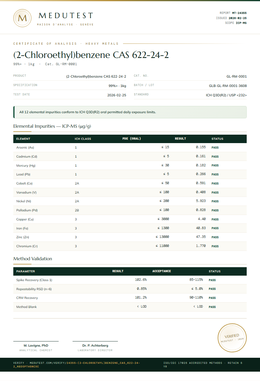 (2-Chloroethyl)benzene CAS 622-24-2 Heavy Metals report by Medutest
