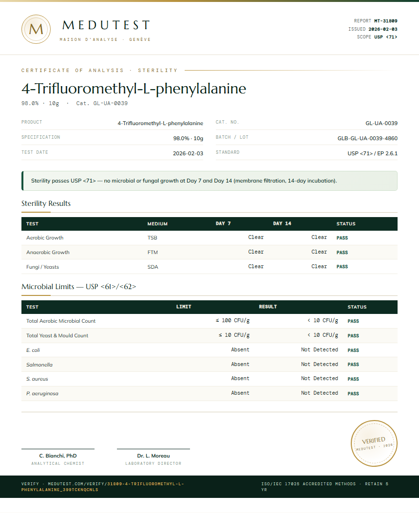 4-Trifluoromethyl-L-phenylalanine Sterility report by Medutest