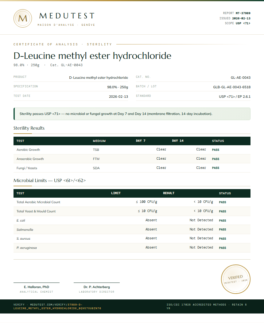 D-Leucine methyl ester hydrochloride Sterility report by Medutest