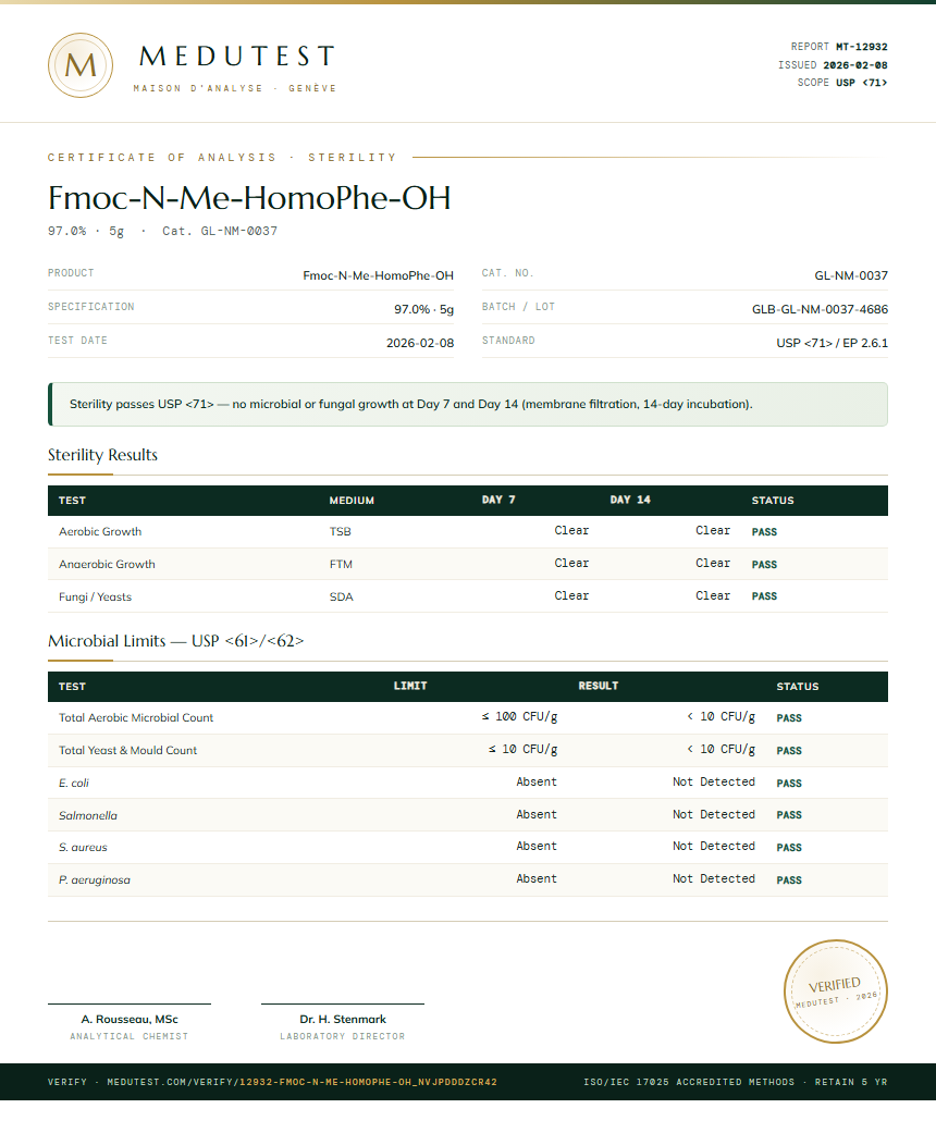 Fmoc-N-Me-HomoPhe-OH Sterility report by Medutest