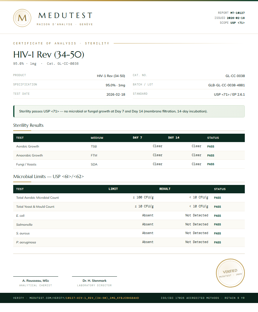 HIV-1 Rev (34-50) Sterility report by Medutest