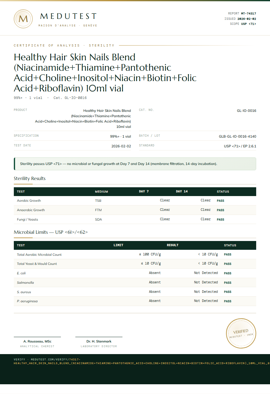 Healthy Hair Skin Nails Blend (Niacinamide+Thiamine+Pantothenic Acid+Choline+Inositol+Niacin+Biotin+Folic Acid+Riboflavin) 10ml vial Sterility report by Medutest