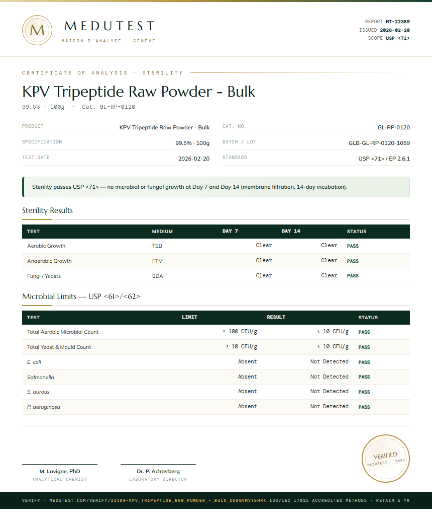 KPV Tripeptide Raw Powder - Bulk Sterility report by Medutest