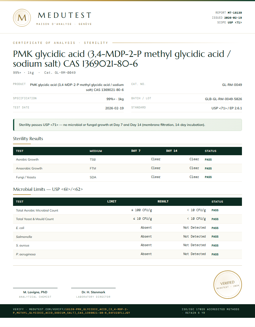 PMK glycidic acid (3,4-MDP-2-P methyl glycidic acid / sodium salt) CAS 1369021-80-6 Sterility report by Medutest