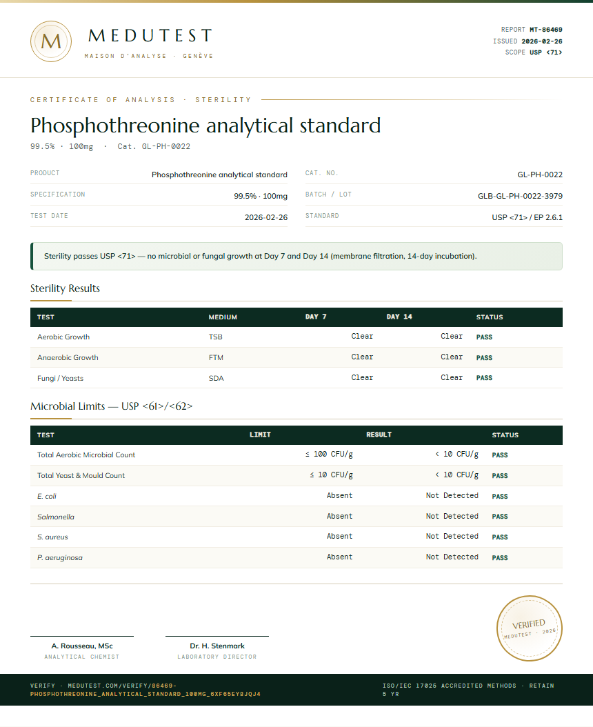 Phosphothreonine analytical standard Sterility report by Medutest