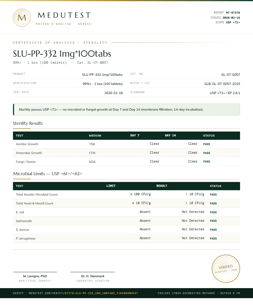 SLU-PP-332 1mg*100tabs Sterility report by Medutest