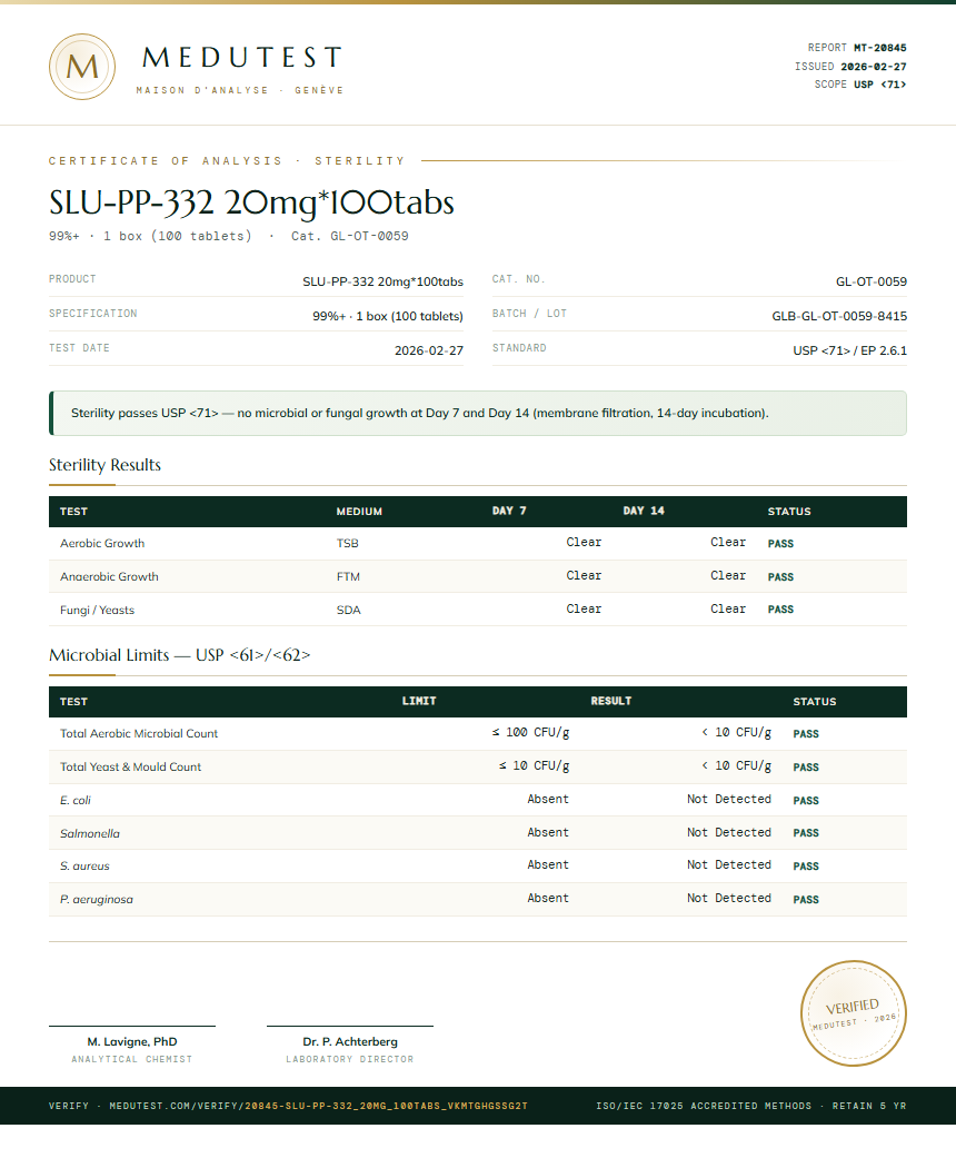 SLU-PP-332 20mg*100tabs Sterility report by Medutest